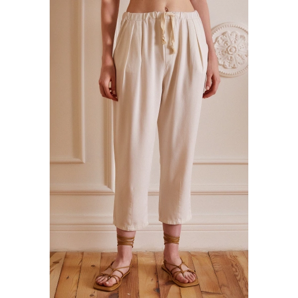 Beli İpli Salaş Gabardin Pantolon Ekru
