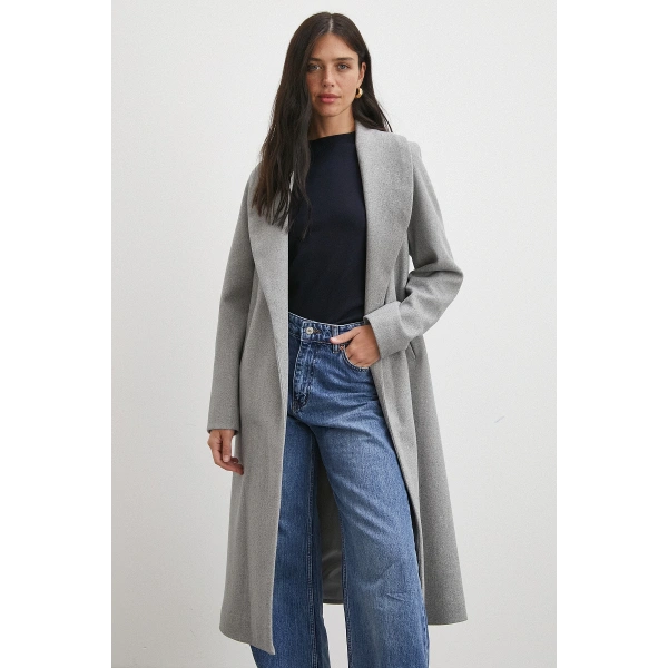 Kuşaklı Kaşe Kaban Gri