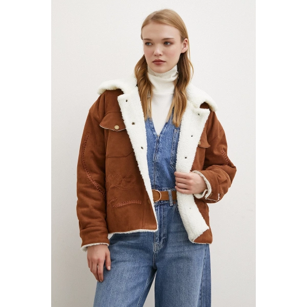 Süet İçi Peluşlu Mont Kahve