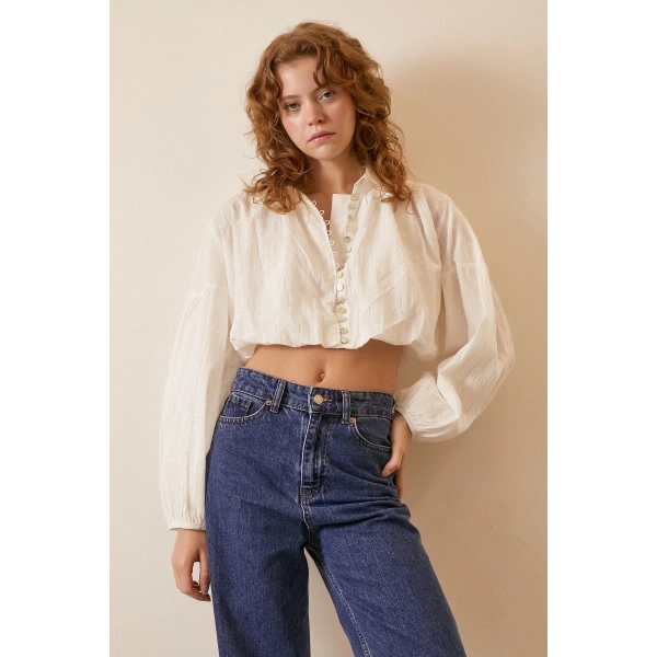 Balon Crop Gömlek Beyaz