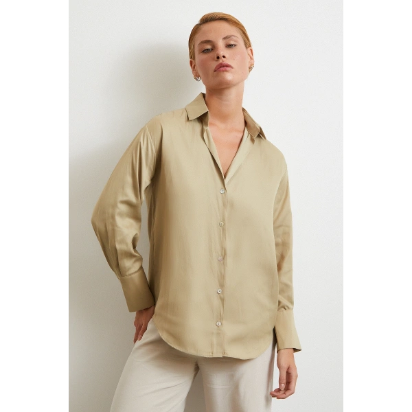 Diagonal Desen Gömlek Bej