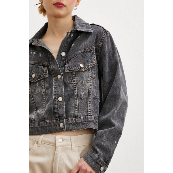 Sırtı Nakışlı Kot Mont Antirasit