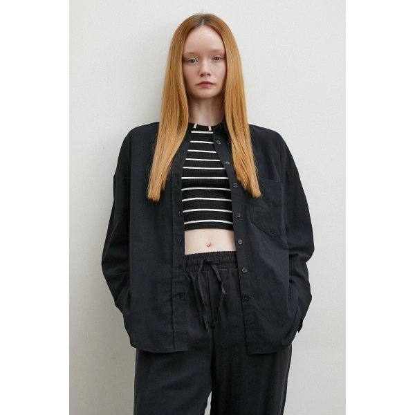 Keten Karışımlı Oversize Gömlek Siyah