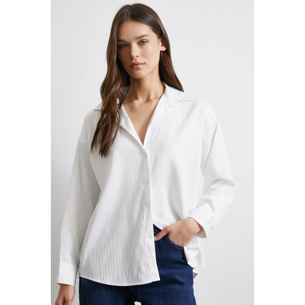 Diagonal Desen Gömlek Beyaz