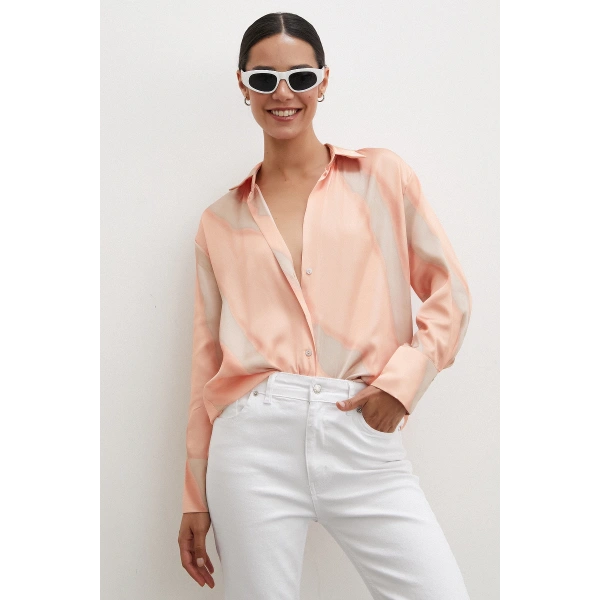 Desenli V Yaka Saten Gömlek Somon