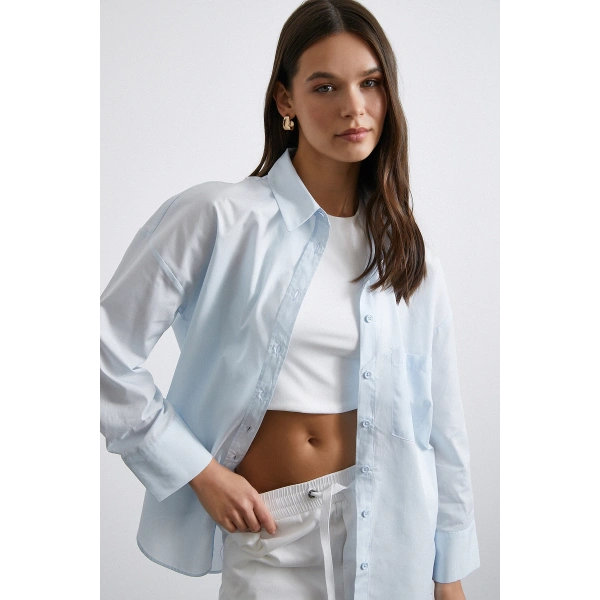 Oversize Pamuklu Gömlek Açık Mavi