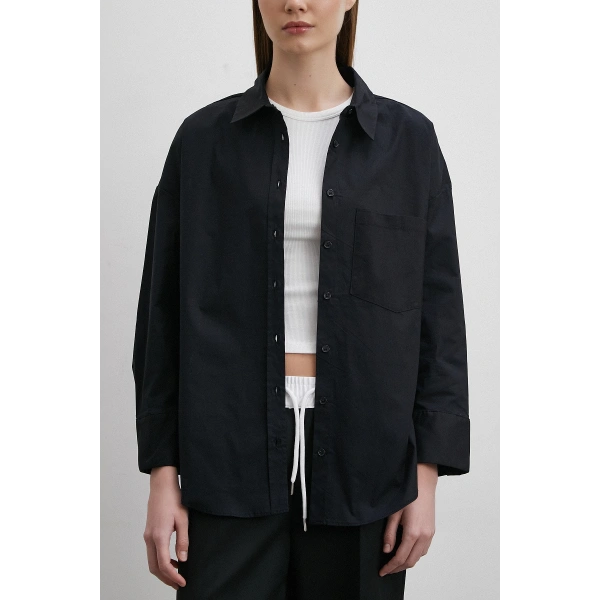 Likralı Poplin Gömlek Siyah