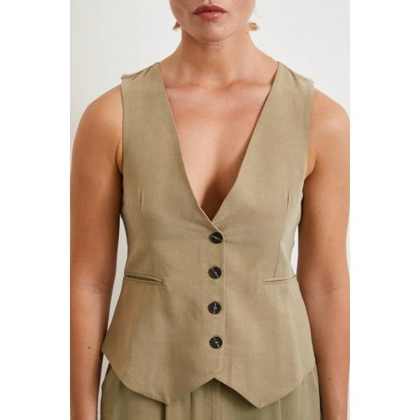 Cep Kapaklı Keten Yelek Haki
