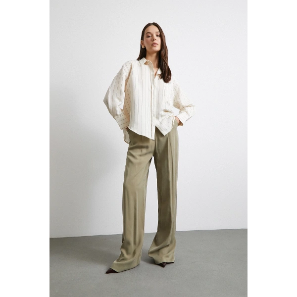 Kontrast Çizgili Modal Gömlek Haki