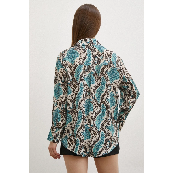 Yılan Desen Saten Gömlek Yeşil