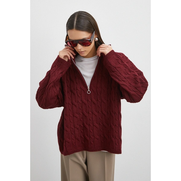 Saç Örgülü Yarım Fermuarlı Kazak Bordo