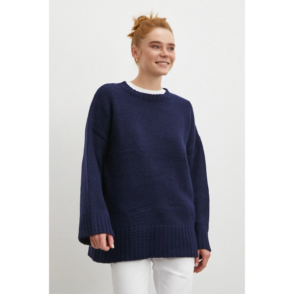 Bisiklet Yaka Fitilli Triko Kazak Lacivert