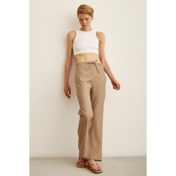 Beli Lastikli Biyeli Yüksek Bel Pantolon Haki