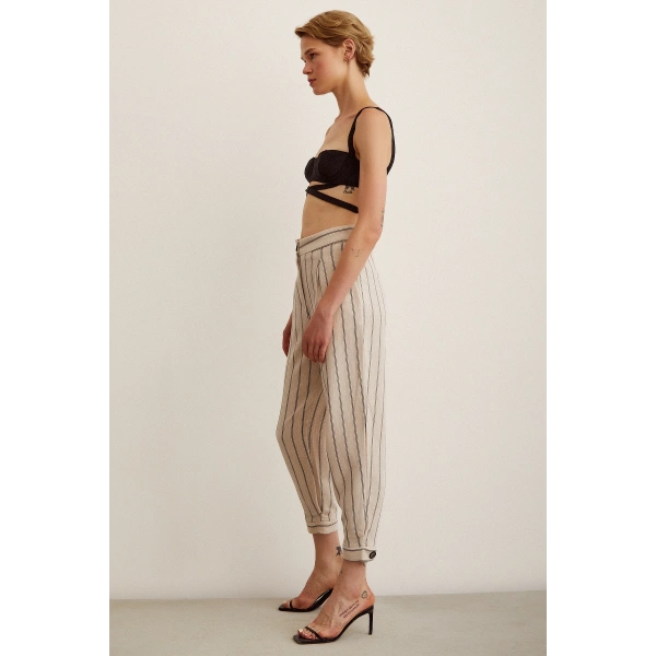 Önü Düğmeli Çizgili Pantolon Çizgili Ekru