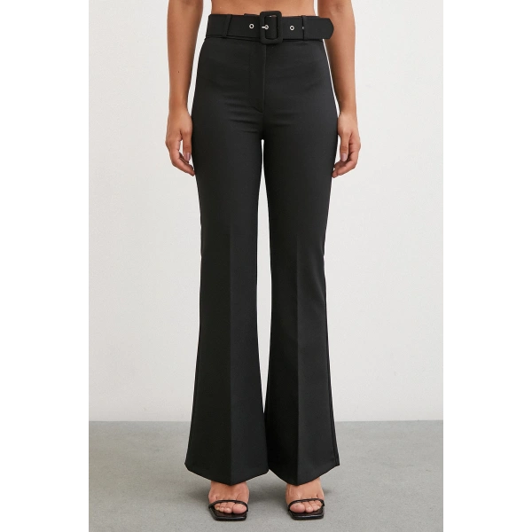 Kemerli İspanyol Paça Pantolon Siyah