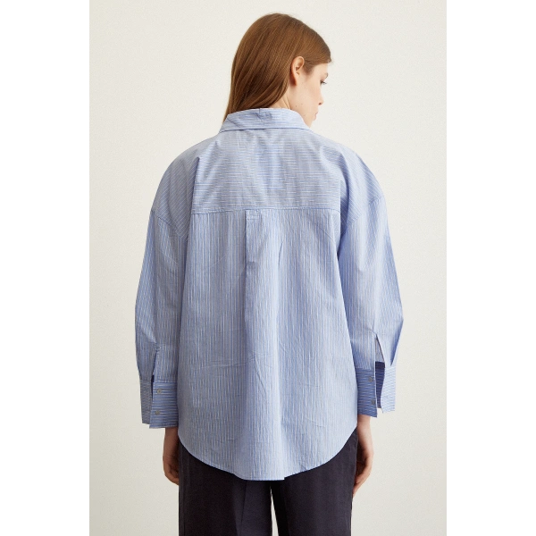 Çizgili Oversize Gömlek Mavi