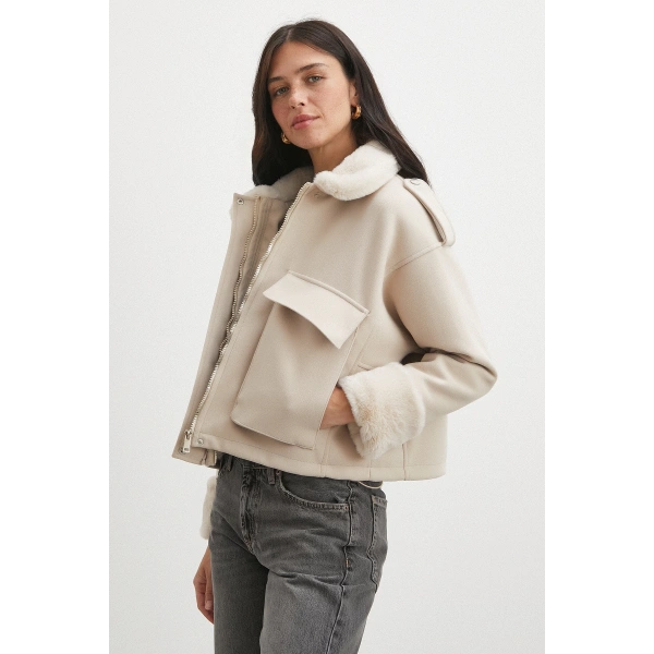 Apoletli Yünlü Körük Cepli Kaşe Mont Bej