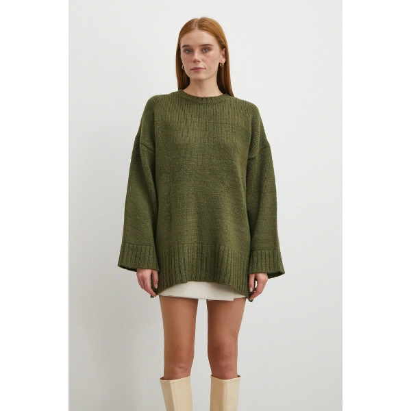 Bisiklet Yaka Fitilli Triko Kazak Haki