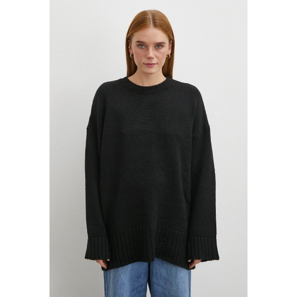 Bisiklet Yaka Fitilli Triko Kazak Siyah