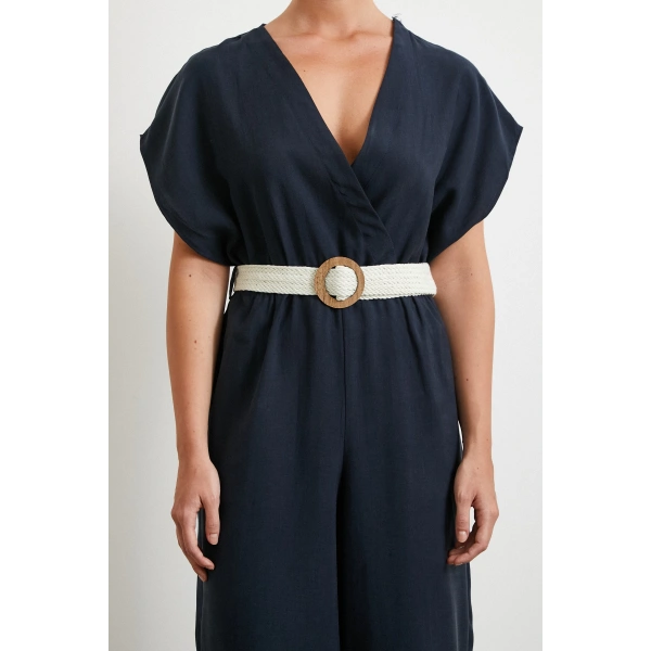 Kemer Detaylı Yarasa Kol Tulum Lacivert