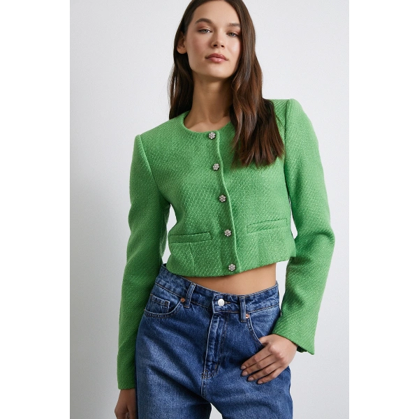 Cep Detaylı Düğmeli Tüvit Ceket Fıstık Yeşili