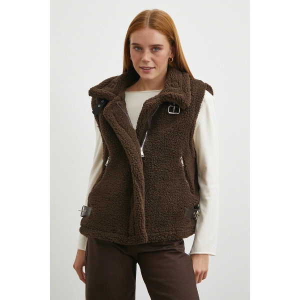 Yaka Detaylı Yumoş Yelek Kahve