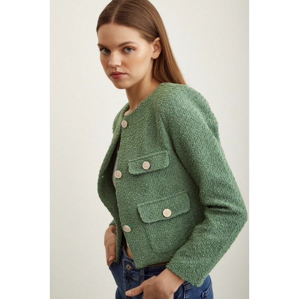 Düğme Detaylı Tüvit Ceket Yeşil