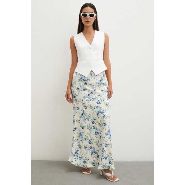 Çiçek Desenli Saten Eten Mavi