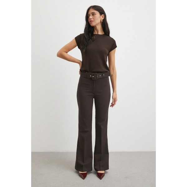Kemerli İspanyol Paça Pantolon Kahve