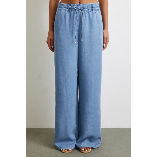 Beli Lastikli Bağcıklı Geniş Paça Pantolon Mavi