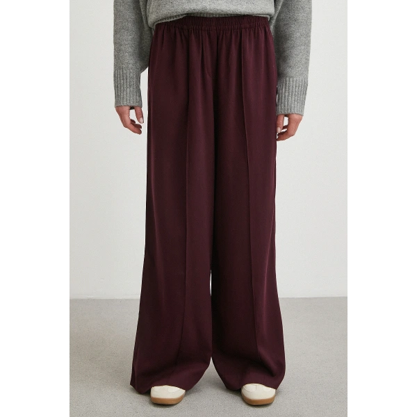 Çizgi Detaylı Geniş Paça Beli Lastikli Pantolon Bordo