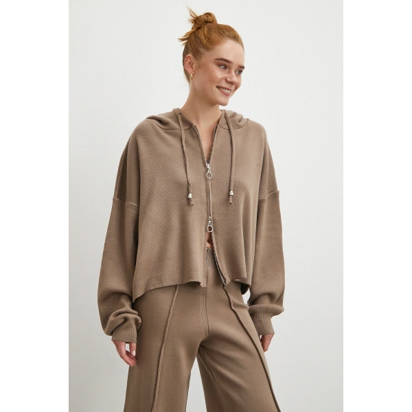 Çift Fermuarlı Kapüşonlu Pantolonlu Takım Vizon