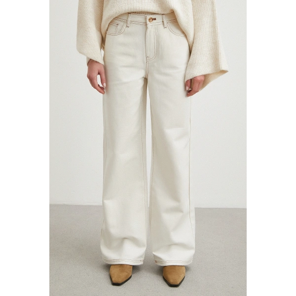 Yüksek Bel Baggy Jean Kırık Beyaz