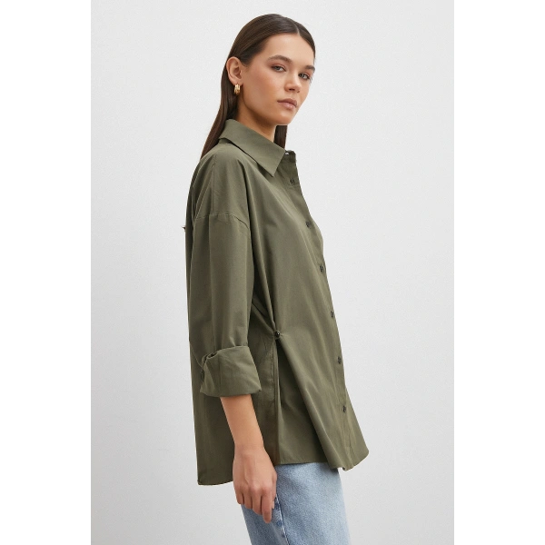 Düğme Detaylı Pamuklu Gömlek Haki