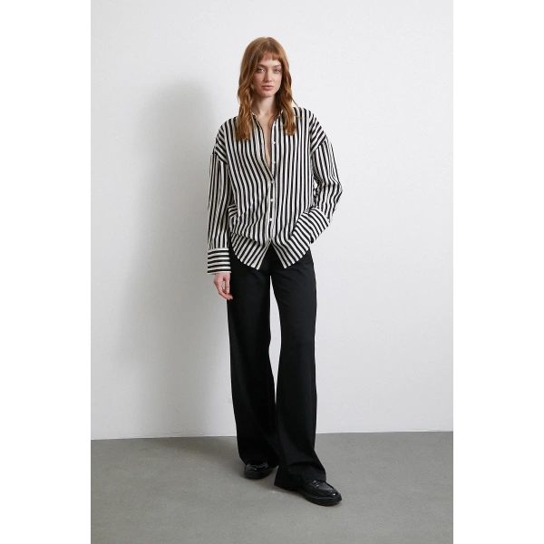 Çizgili T Kol Gömlek Siyah