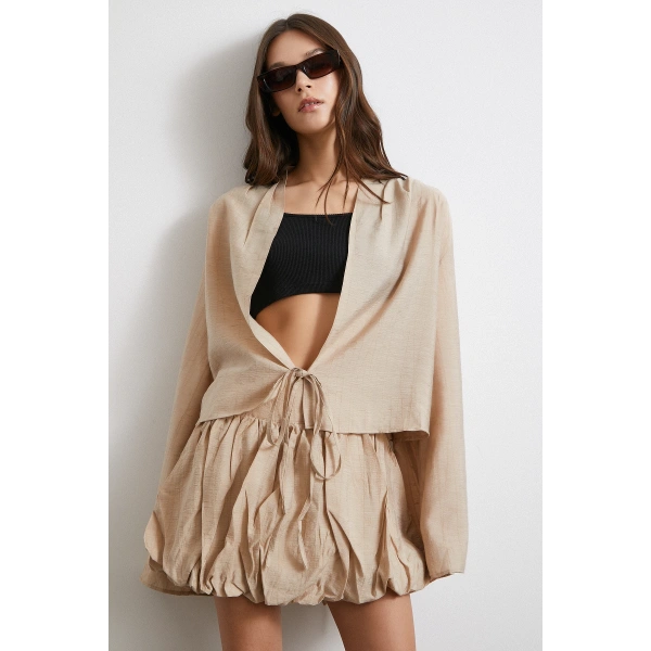 Geniş Kol Önden Bağlamalı Bluz Bej