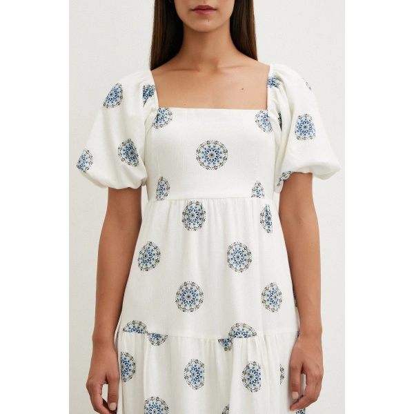 Sırtı Fiyonklu Keten Elbise Mavi