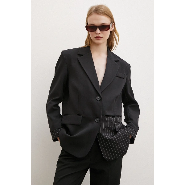 Çizgi Detaylı Çift Düğmeli Blazer Ceket Siyah