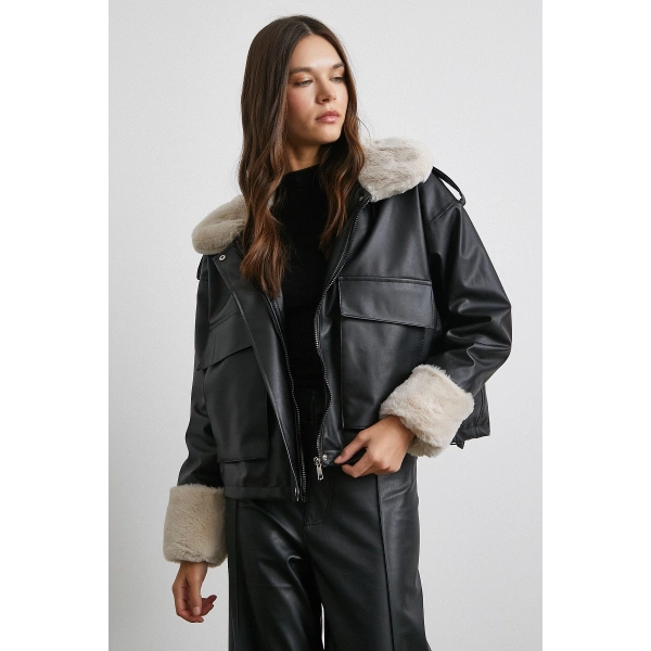 Körüklü Cep Deri Mont Siyah