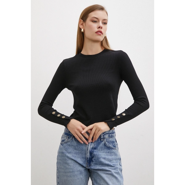 Kollu Düğmeli Bluz Siyah