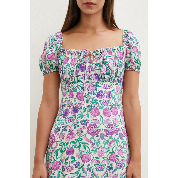 Önü Bağcıklı Madonna Viskon Elbise Lila