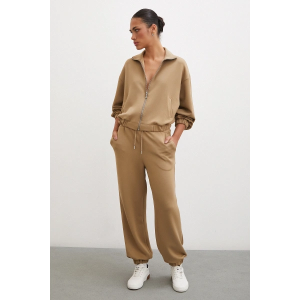 Fermuarlı Sweatshirt Camel