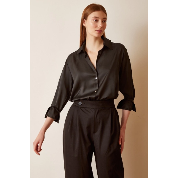 Basic Saten Gömlek Siyah