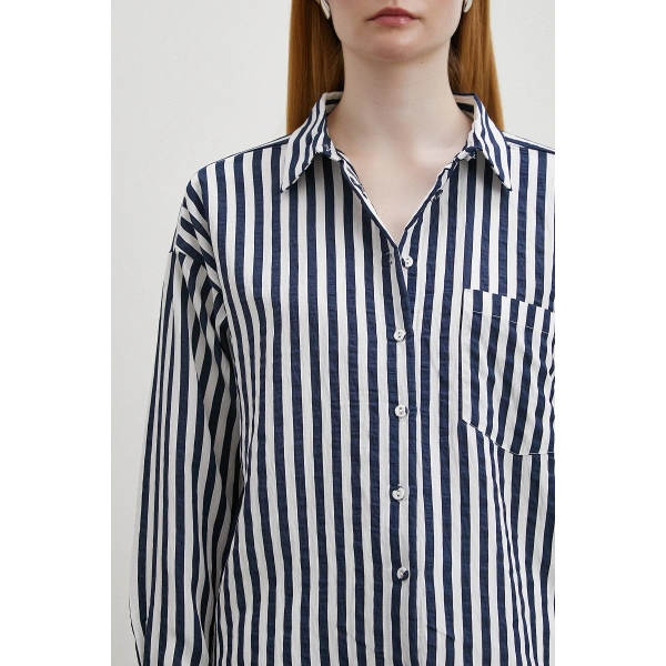 Multi Çizgili Cepli Gömlek Lacivert