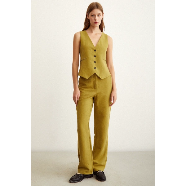 Yüksek Bel Keten Pantolon Yağ Yeşili