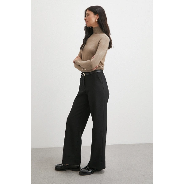 Yüksek Bel Paça Detaylı Kemerli Pantolon Siyah