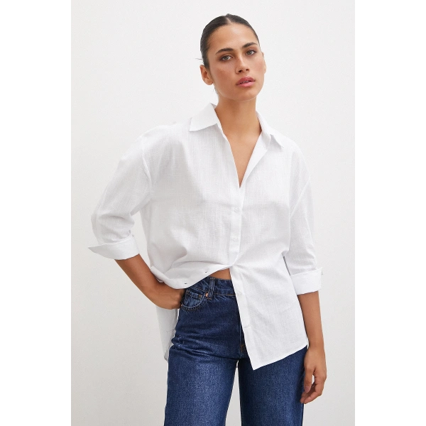 Geniş Manşetli Keten Gömlek Beyaz