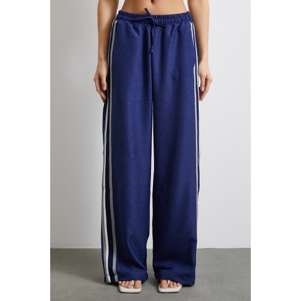 Beli Lastikli Çift Şeritli Pantolon Saks