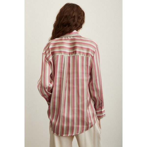 Çizgili Saten Gömlek Pembe