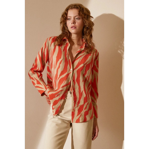 Zebra Desen Modal Gömlek Zebra Desen Turuncu